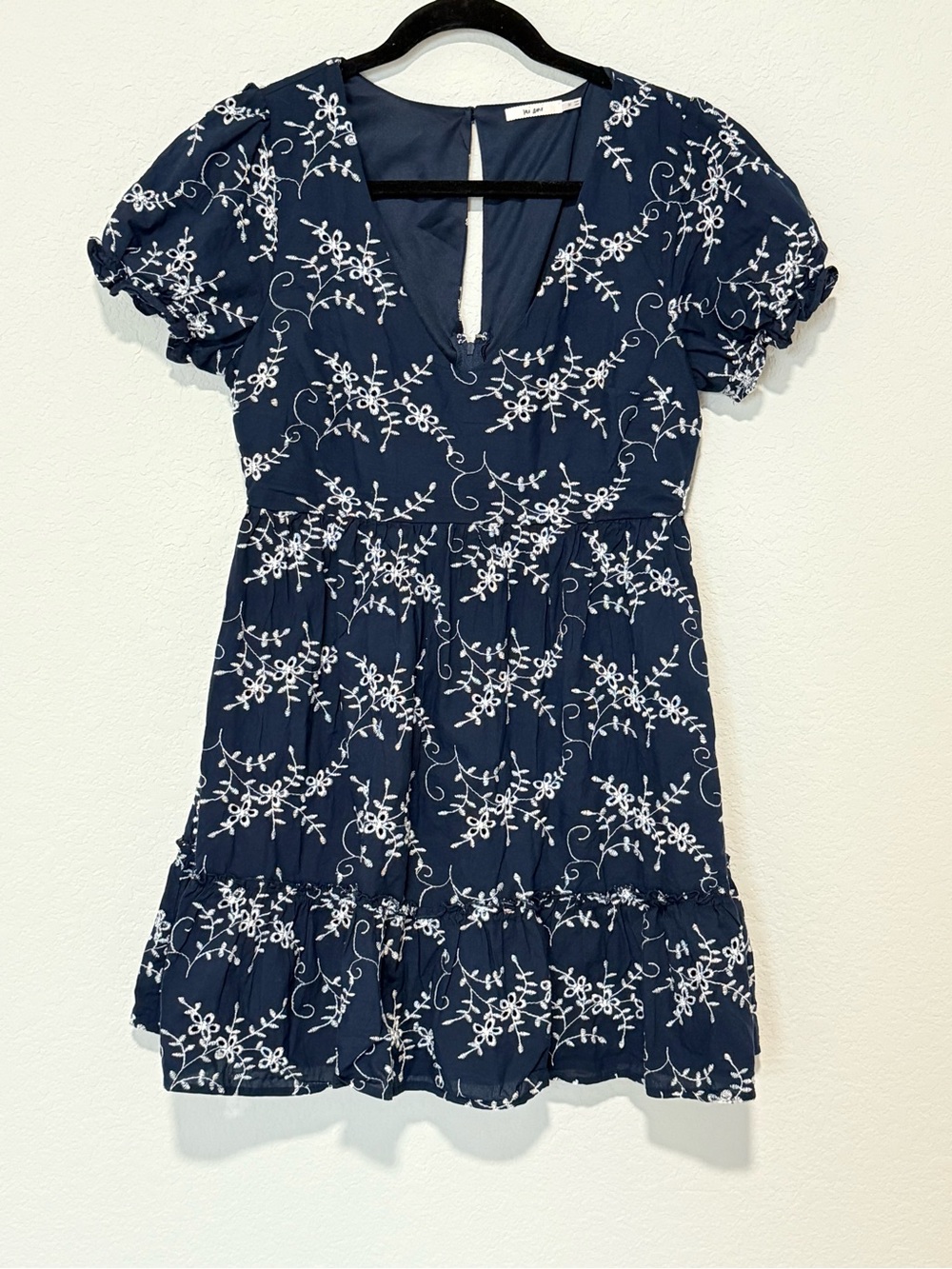 miami Navy Blue Mini Dress with White Floral Embroidery